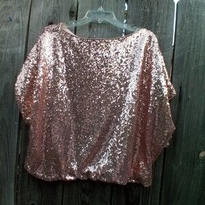 NEW YORK & COMPANY TOP WOMENS SZ L BLUSH SEQUIN PULLOVER DOLMAN SHORT SLEEVES